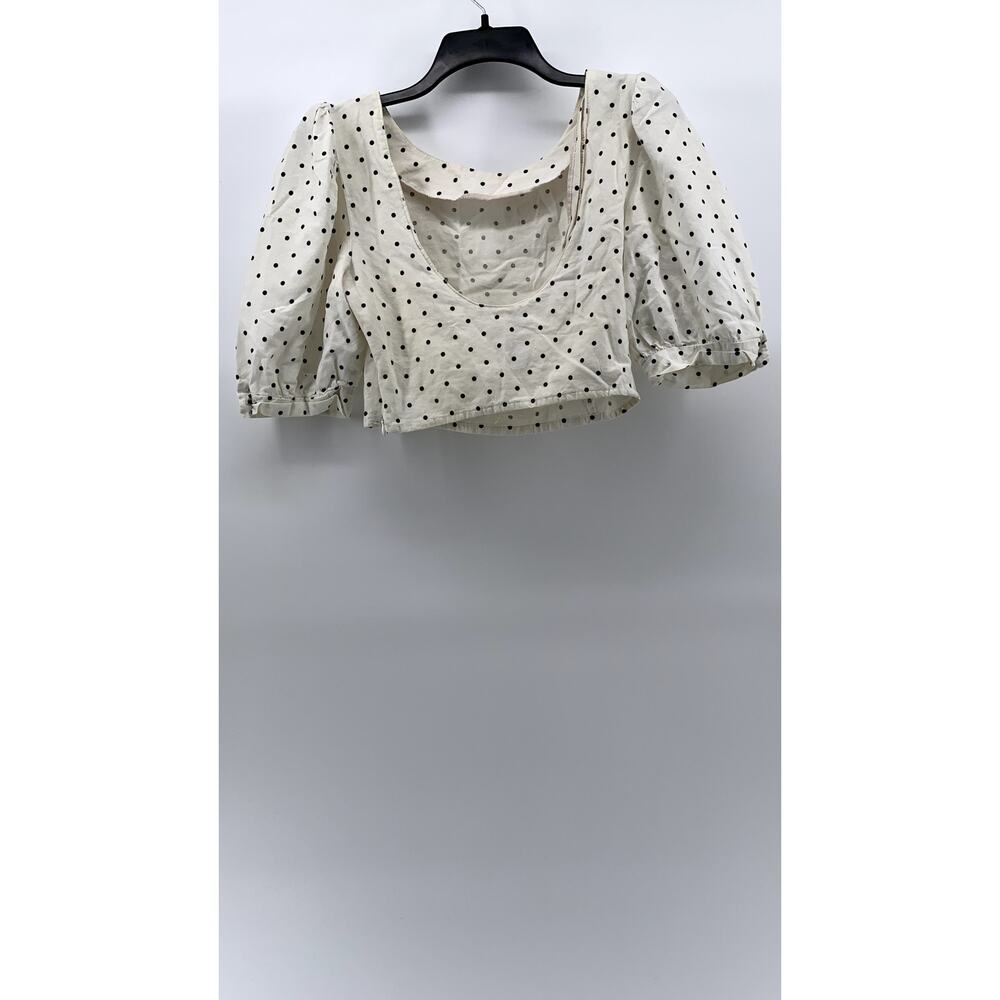 UNBRANDED Women's White-Black Micro Dot Print Balloon Sleeve Cropped Top SZ S - Picture 2 of 9